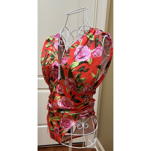 "Zara"Orange Pink Green Floral Flower Tropical Ruched Draped Bodysuit Size M-NWT - Picture 3 of 5